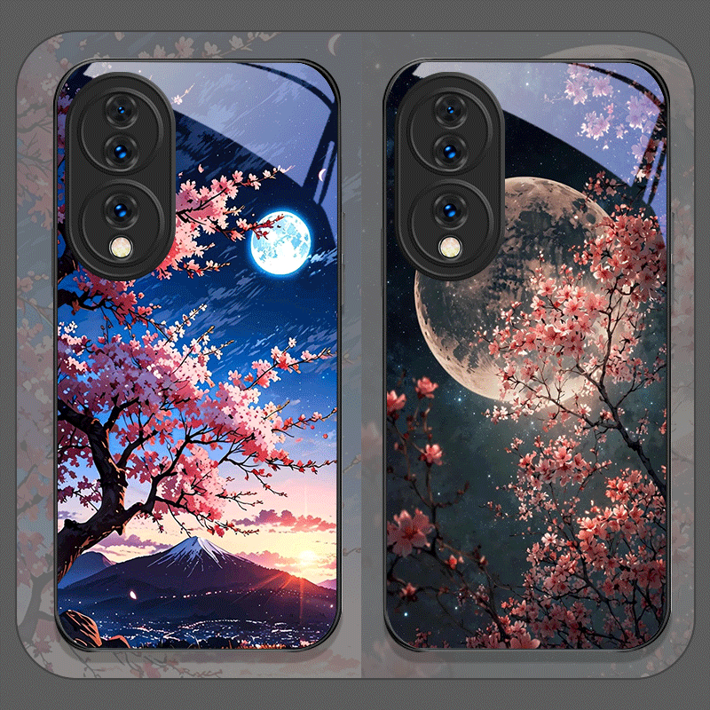 Phone Cases Cherry - Retro Scenery Moon Cherry Blossom Tempered